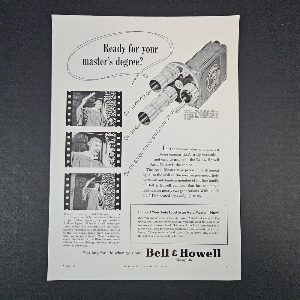 1951 Bell & Howell Auto Load Movie Camera Vintage Print Ad Lady Graduating‎